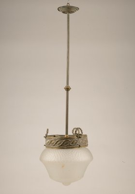 Italian Art Deco Brass & Frosted Glass Ceiling Lamp, 1920s-RAQ-594916