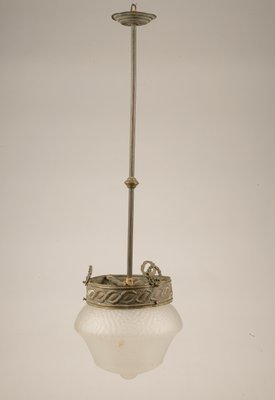 Italian Art Deco Brass & Frosted Glass Ceiling Lamp, 1920s-RAQ-594916