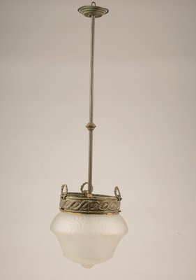 Italian Art Deco Brass & Frosted Glass Ceiling Lamp, 1920s-RAQ-594916