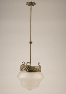 Italian Art Deco Brass & Frosted Glass Ceiling Lamp, 1920s-RAQ-594916