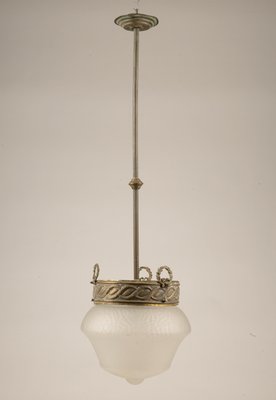 Italian Art Deco Brass & Frosted Glass Ceiling Lamp, 1920s-RAQ-594916