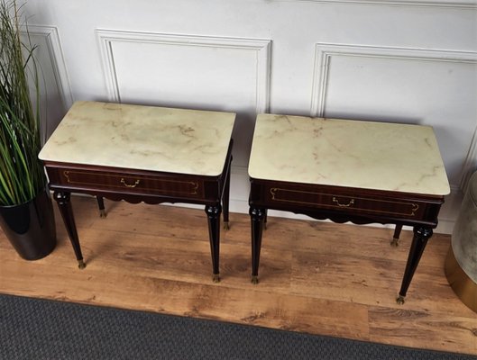 Italian Art Deco Brass Marble Nightstands, 1950s, Set of 2-EUP-1437167