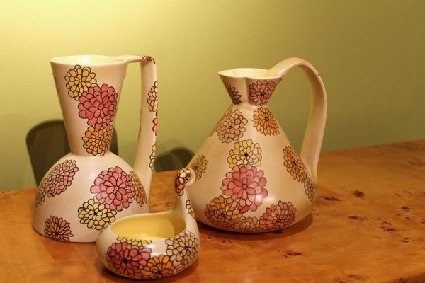 Italian Art Deco Ceramic Jug, Pitcher and Tray Set with Floral Patterns from Lenci, 1930s, Set of 3-AXE-1433453