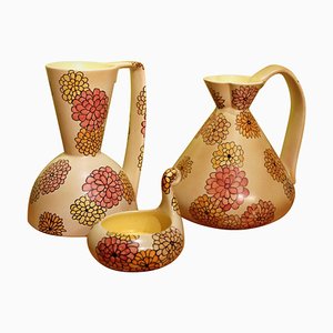 Italian Art Deco Ceramic Jug, Pitcher and Tray Set with Floral Patterns from Lenci, 1930s, Set of 3-AXE-1433453