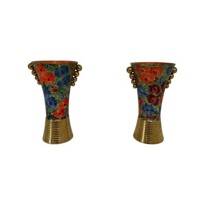 Italian Art Deco Flowers Painted Ceramic Vases, 1940s, Set of 2-FF-2028430