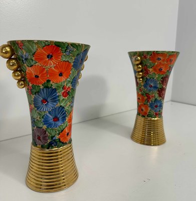 Italian Art Deco Flowers Painted Ceramic Vases, 1940s, Set of 2-FF-2028430