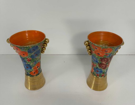 Italian Art Deco Flowers Painted Ceramic Vases, 1940s, Set of 2-FF-2028430