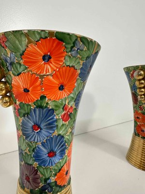 Italian Art Deco Flowers Painted Ceramic Vases, 1940s, Set of 2-FF-2028430