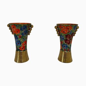 Italian Art Deco Flowers Painted Ceramic Vases, 1940s, Set of 2-FF-2028430