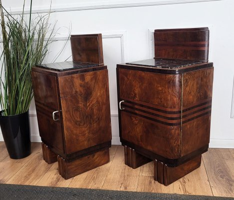 Italian Art Deco Nightstands in Burl Walnut with Black Marble Tops, 1940s, Set of 2-EUP-1804855