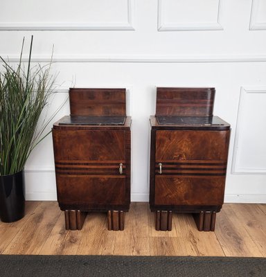 Italian Art Deco Nightstands in Burl Walnut with Black Marble Tops, 1940s, Set of 2-EUP-1804855