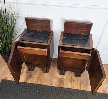 Italian Art Deco Nightstands in Burl Walnut with Black Marble Tops, 1940s, Set of 2-EUP-1804855