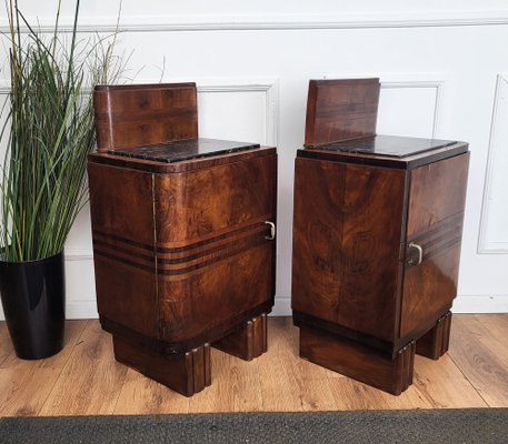 Italian Art Deco Nightstands in Burl Walnut with Black Marble Tops, 1940s, Set of 2-EUP-1804855