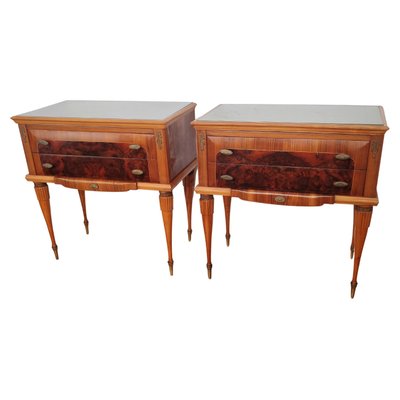 Italian Art Deco Nightstands in Walnut with Glass Top, Set of 2-EUP-1018329