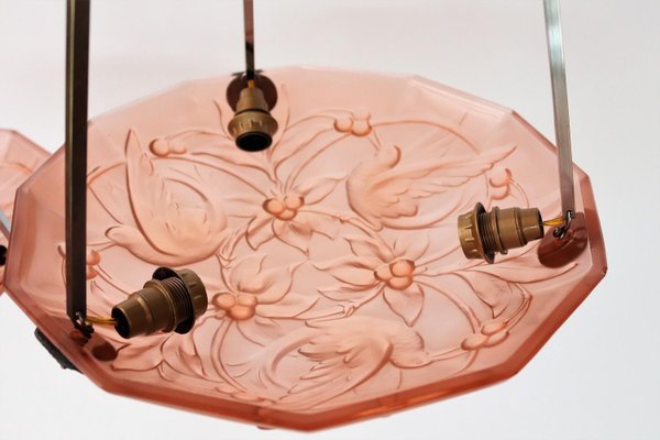 Italian Art Deco Sculptured Glass and Chrome Chandelier in Pink, 1940s-VNE-966051