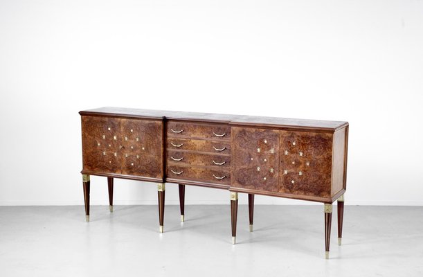 Italian Art Deco Sideboard in Burl Walnut and Brass-DUG-2041278