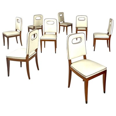 Italian Art Deco White Leather and Wood Chairs attributed to Giovanni Gariboldi, 1940s, Set of 8-GDD-1817216