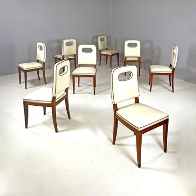 Italian Art Deco White Leather and Wood Chairs attributed to Giovanni Gariboldi, 1940s, Set of 8-GDD-1817216