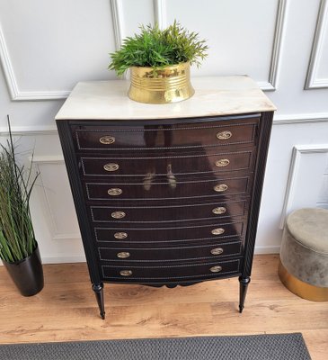 Italian Art Deco Wood and White Marble Tallboy Chest of Drawers, 1950s-EUP-1342899