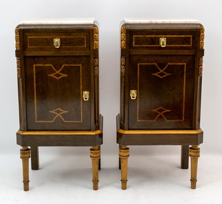 Italian Art Nouveau Bedside Tables and Dresser in Thuja Briar and Portuguese Pink Marble, 1920s, Set of 3-FER-1061100