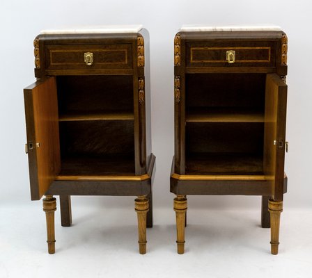 Italian Art Nouveau Bedside Tables and Dresser in Thuja Briar and Portuguese Pink Marble, 1920s, Set of 3-FER-1061100