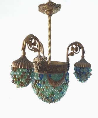 Italian Art Noveau Chandelier in Bronze & Glass Beads-FO-1262415