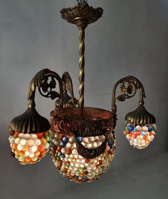 Italian Art Noveau Chandelier in Bronze & Glass Beads-FO-1262415