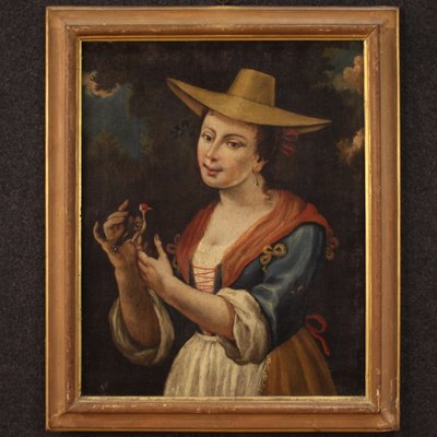 Italian Artist, Portrait of a Girl with a Goldfinch, 18th Century, Oil on Canvas, Framed-RP-1792569