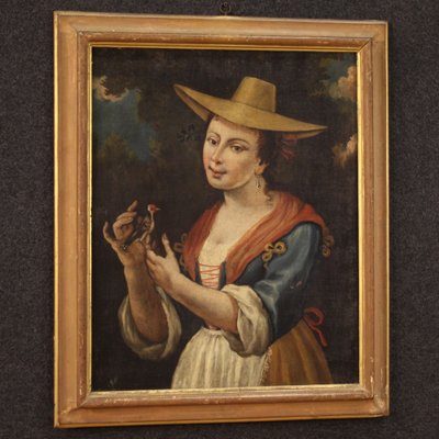 Italian Artist, Portrait of a Girl with a Goldfinch, 18th Century, Oil on Canvas, Framed-RP-1792569