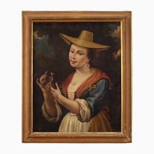 Italian Artist, Portrait of a Girl with a Goldfinch, 18th Century, Oil on Canvas, Framed-RP-1792569