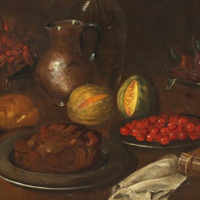 Italian Artist, Still Life with Fruit, Vegetables and Cat, 1600s, Oil on Canvas-VMM-1791035