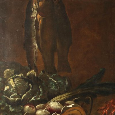 Italian Artist, Still Life with Fruit, Vegetables and Cat, 1600s, Oil on Canvas-VMM-1791035