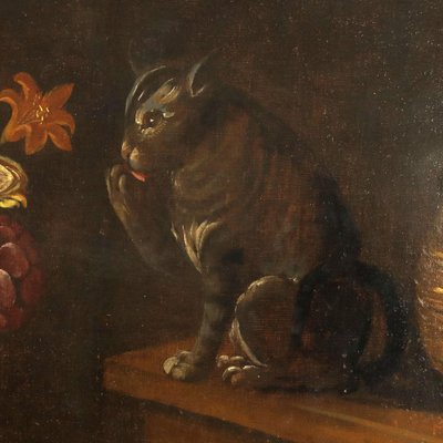 Italian Artist, Still Life with Fruit, Vegetables and Cat, 1600s, Oil on Canvas-VMM-1791035