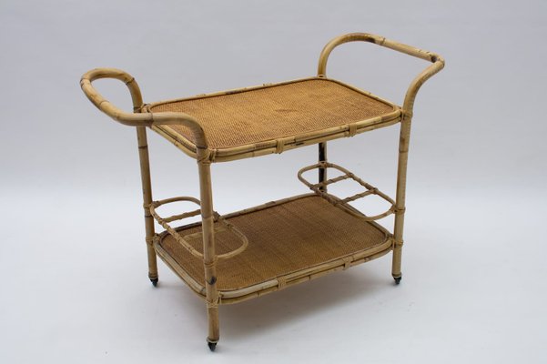 Italian Bamboo and Rattan Bar Cart Serving Trolley, 1950s-KQB-937311