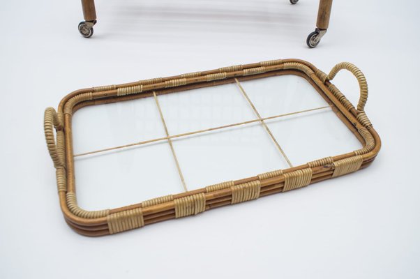 Italian Bamboo and Rattan Bar Cart Serving Trolley, 1950s-KQB-735906