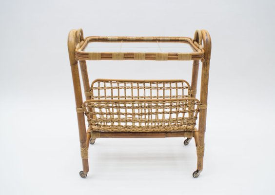 Italian Bamboo and Rattan Bar Cart Serving Trolley, 1950s-KQB-735906