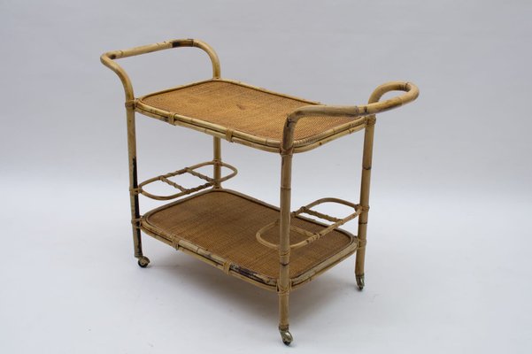 Italian Bamboo and Rattan Bar Cart Serving Trolley, 1950s-KQB-937311