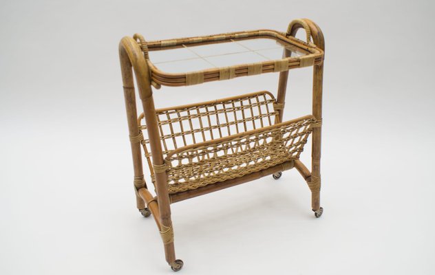 Italian Bamboo and Rattan Bar Cart Serving Trolley, 1950s-KQB-735906