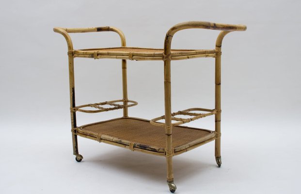 Italian Bamboo and Rattan Bar Cart Serving Trolley, 1950s-KQB-937311