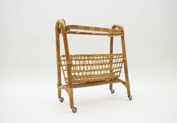 Italian Bamboo and Rattan Bar Cart Serving Trolley, 1950s-KQB-735906