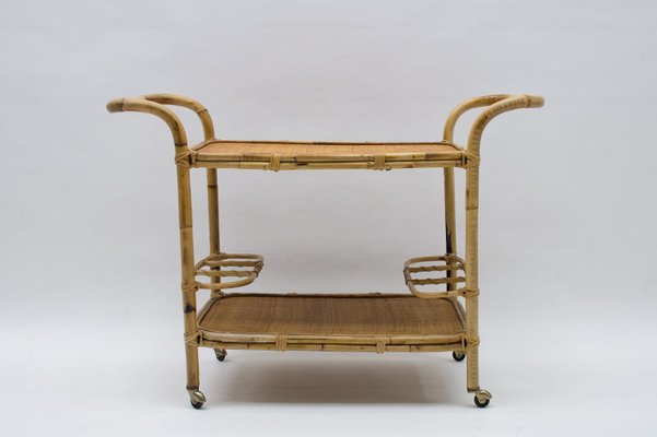 Italian Bamboo and Rattan Bar Cart Serving Trolley, 1950s-KQB-937311