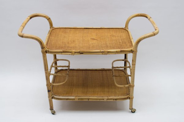 Italian Bamboo and Rattan Bar Cart Serving Trolley, 1950s-KQB-937311