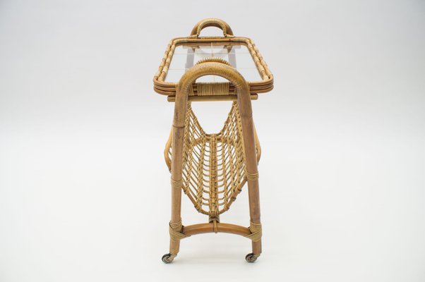 Italian Bamboo and Rattan Bar Cart Serving Trolley, 1950s-KQB-735906