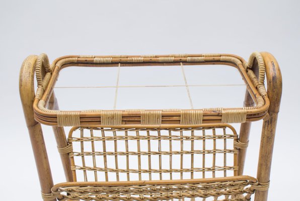 Italian Bamboo and Rattan Bar Cart Serving Trolley, 1950s-KQB-735906