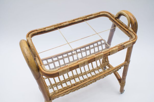 Italian Bamboo and Rattan Bar Cart Serving Trolley, 1950s-KQB-735906