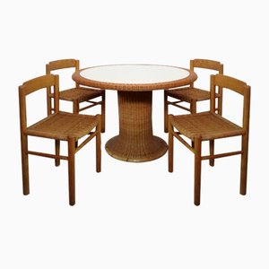 Italian Bamboo & Midollino Table and Chairs, 1970s, Set of 5-UIW-1140212