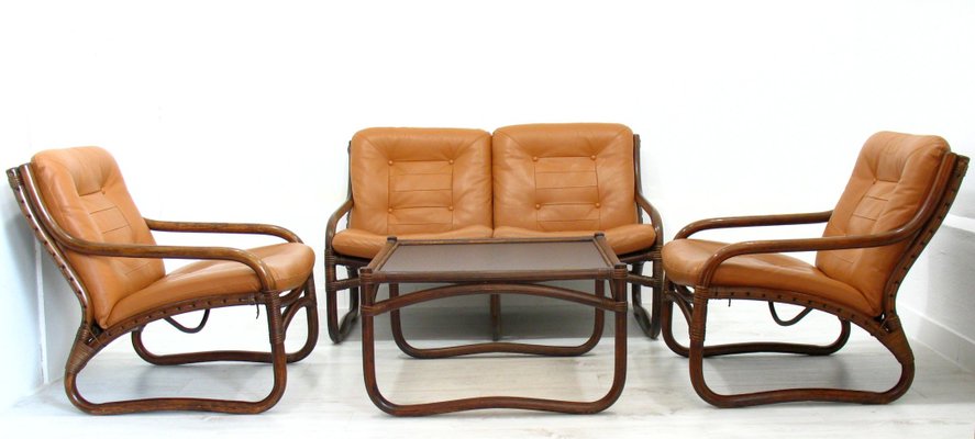 Italian Bamboo, Rattan, and Leather Living Room Set, 1970s, Set of 4-WVA-992797