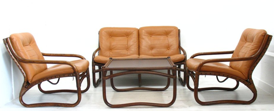 Italian Bamboo, Rattan, and Leather Living Room Set, 1970s, Set of 4-WVA-992797