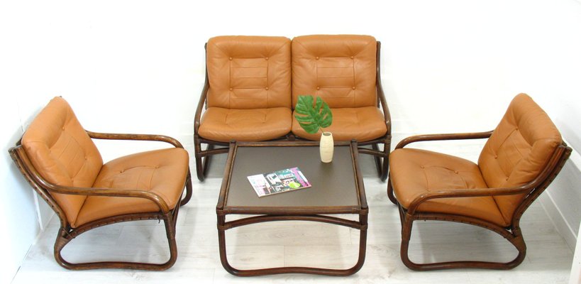 Italian Bamboo, Rattan, and Leather Living Room Set, 1970s, Set of 4-WVA-992797