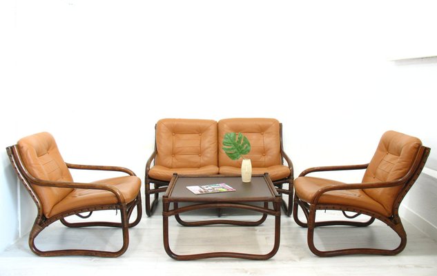 Italian Bamboo, Rattan, and Leather Living Room Set, 1970s, Set of 4-WVA-992797